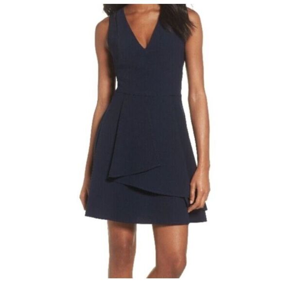 Adelyn Rae Dress Navy Blue Sleeveless Ruffle Small Fit & Flare Above Knee V Neck - Picture 1 of 8